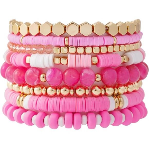 Surfer Heishi Clay Bead Bracelets for Women Bohemian Stackable Gold Pink Set - Picture 1 of 6